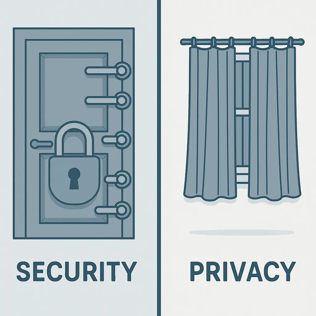 Split illustration showing a locked door (security) and closed curtains (privacy)