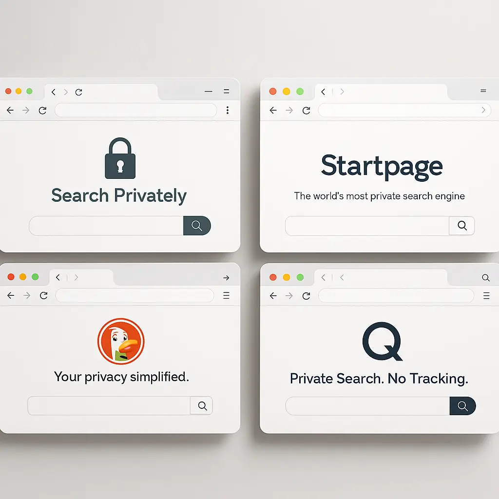 Single browser window with a search bar and a padlock icon, representing secure private search