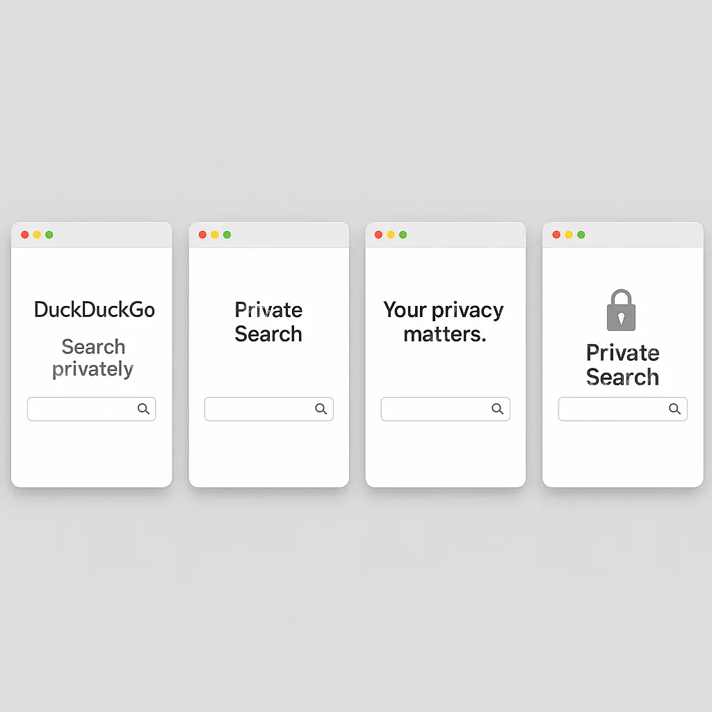 Four browser windows side by side showing different search engine homepages, each with minimal design and privacy-focused messaging