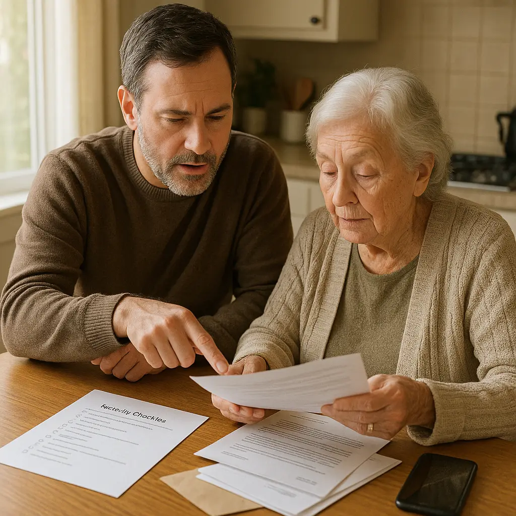 Elderly parent confidently using phone with security checklist visible