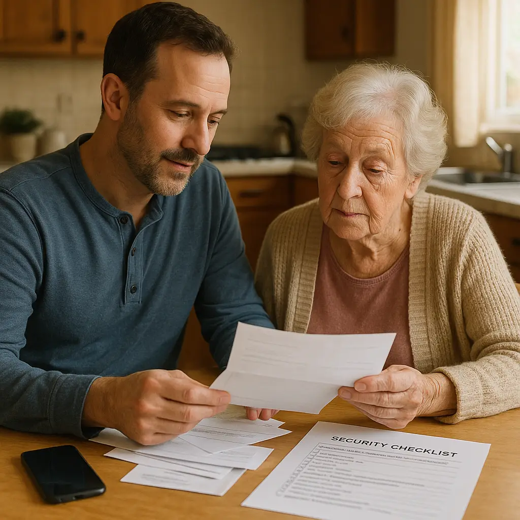 Adult child helping elderly parent review documents at kitchen table