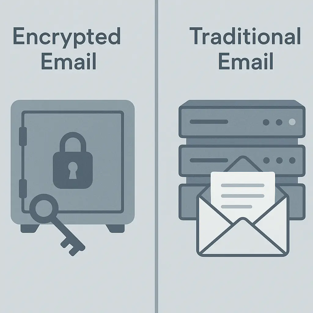 Split-screen illustration showing an encrypted email vault on one side and a readable email on a server on the other