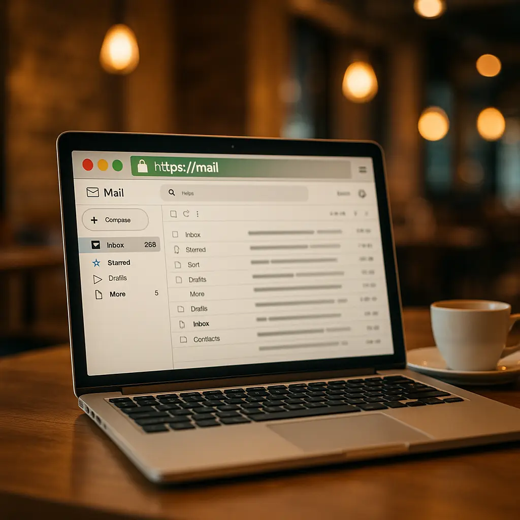 Laptop open at coffee shop table with coffee cup, showing email interface on screen