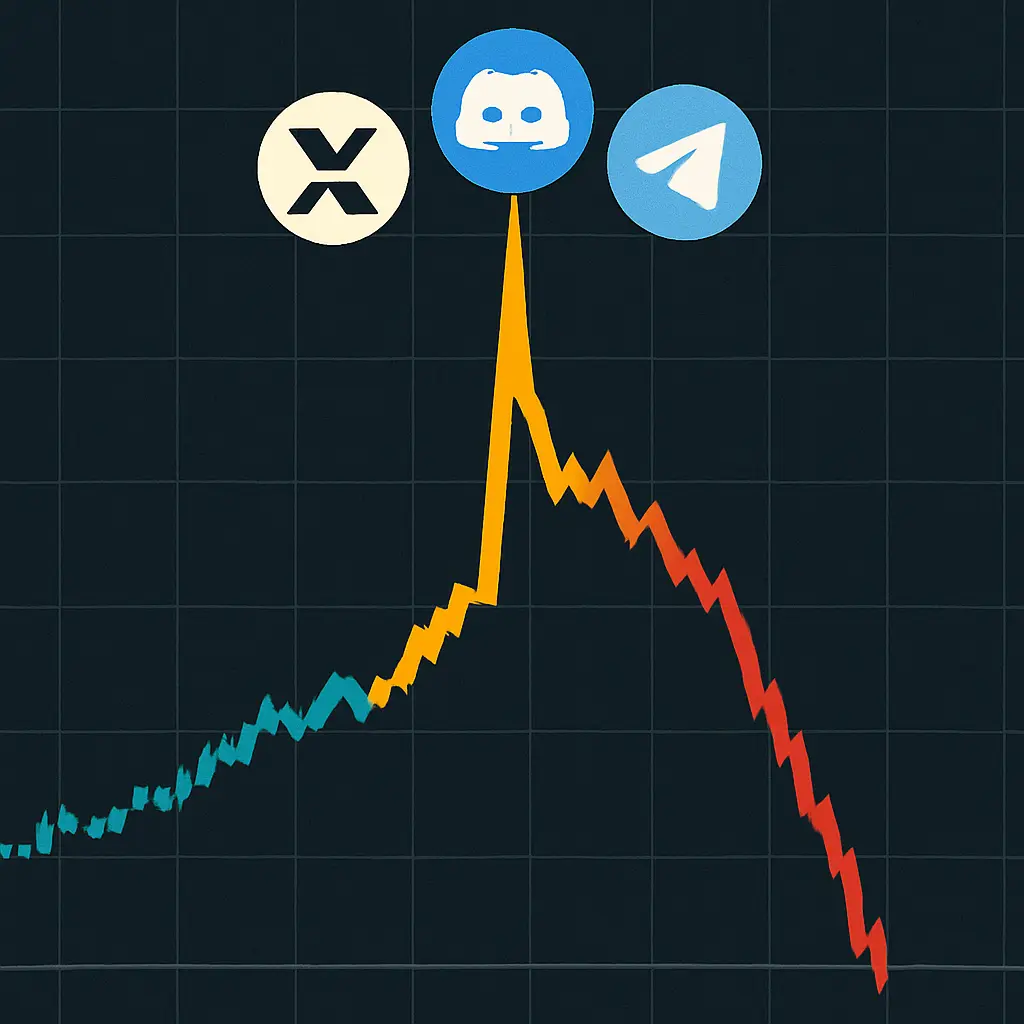 Graph showing sharp price spike followed by immediate collapse, with social media icons overlaid