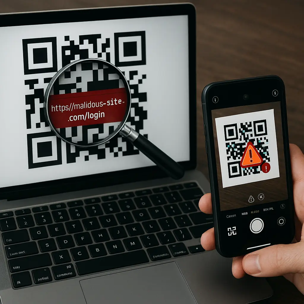 Smartphone camera viewfinder focused on a QR code with warning indicators overlaid on the screen