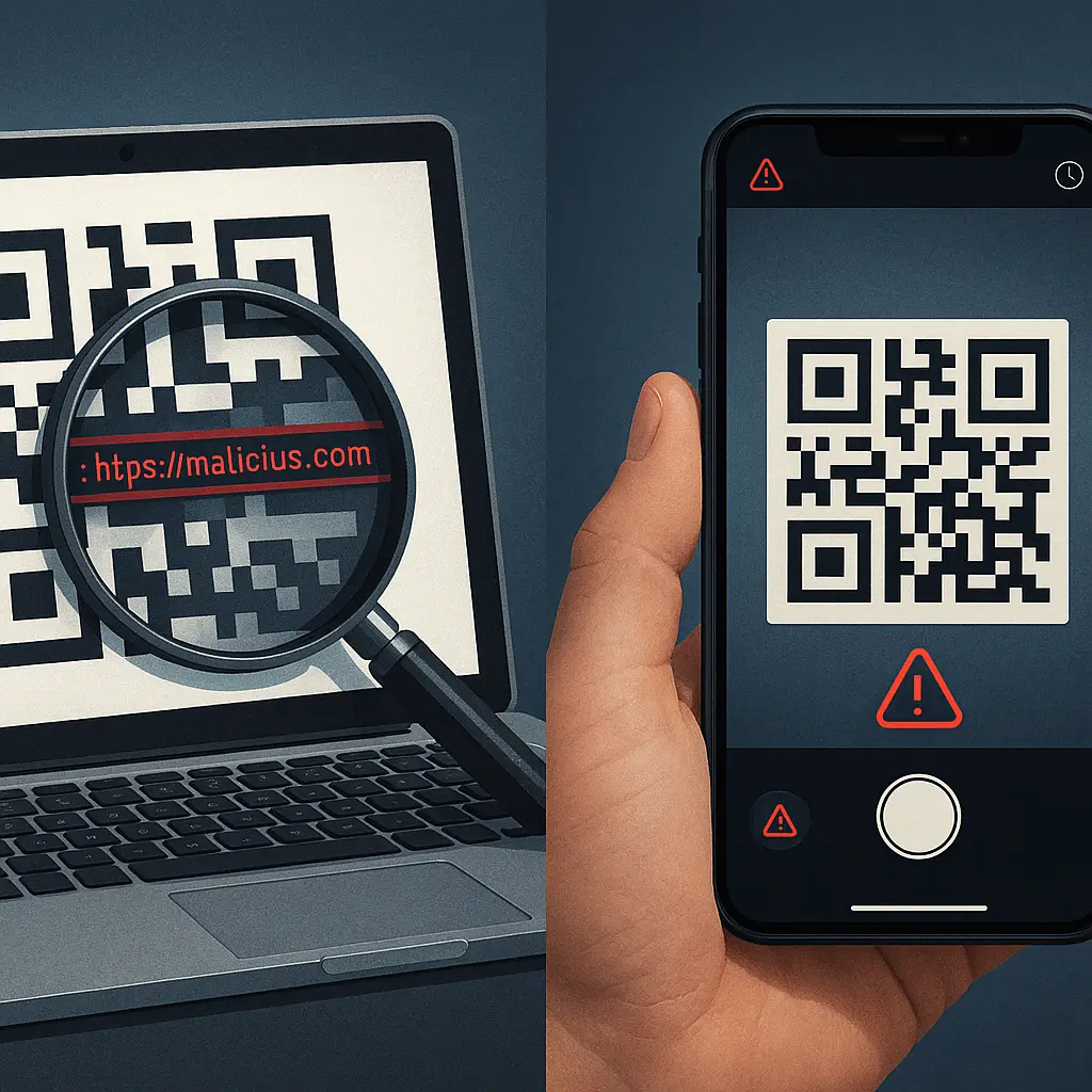 A QR code displayed on a laptop screen with a magnifying glass examining it, revealing hidden malicious URL underneath