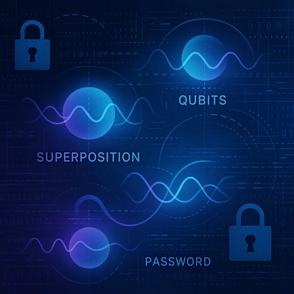 Abstract visualization of quantum computing concepts with password security elements