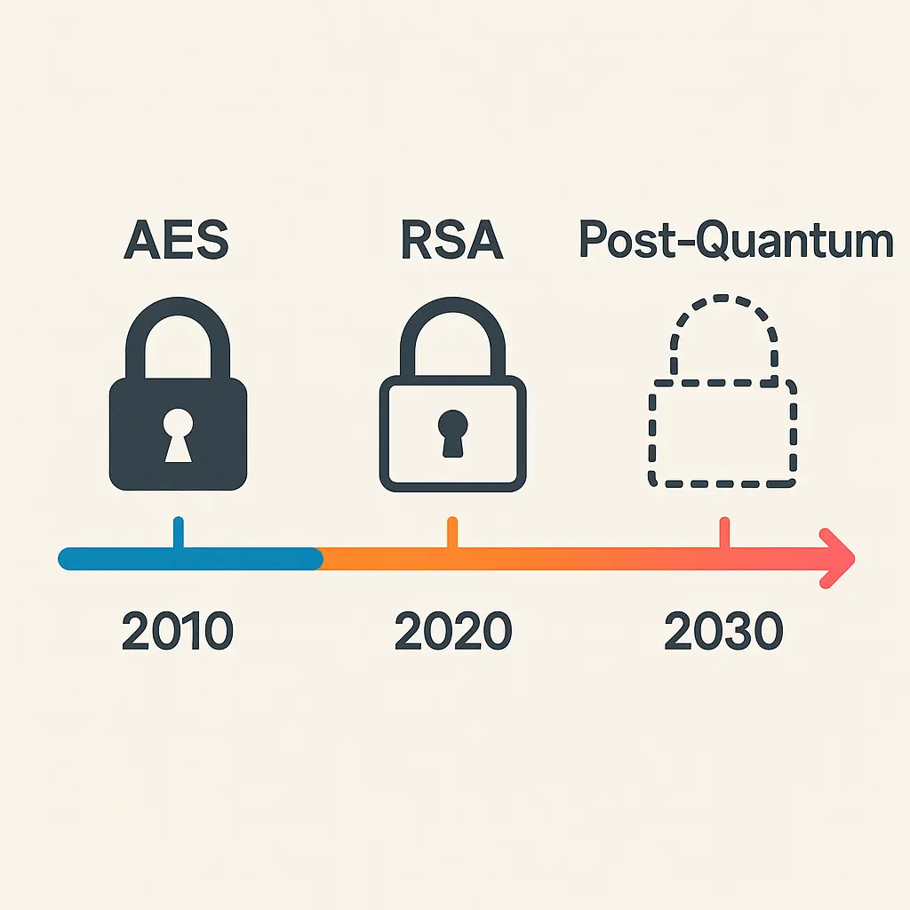 Timeline graphic showing the gradual transition from current encryption standards to post-quantum cryptography, with key milestones marked