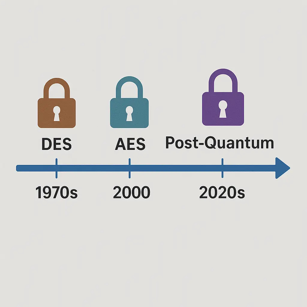 Abstract visualization of quantum computing hardware with overlaid encryption symbols, representing the intersection of quantum technology and cryptographic security