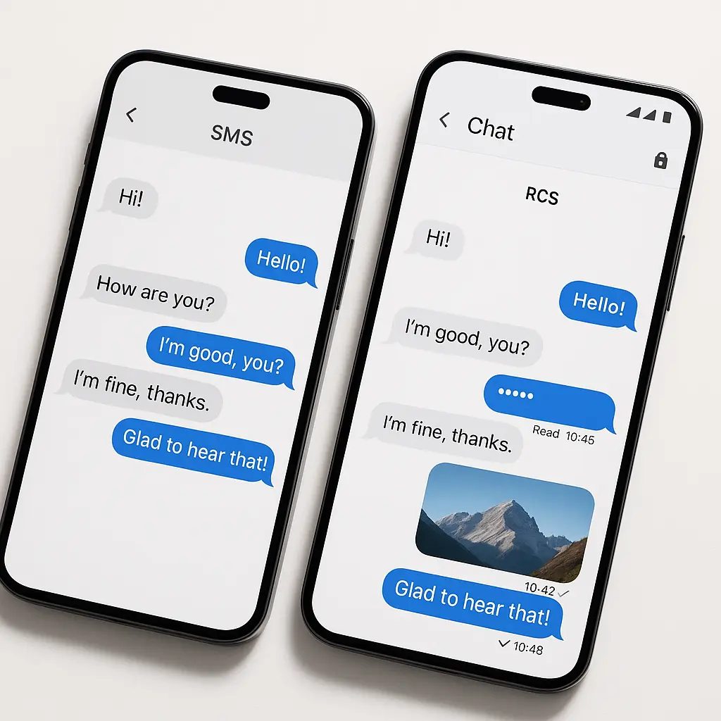 Side-by-side comparison showing SMS as plain text bubbles versus RCS with encryption icons, media thumbnails, and status indicators