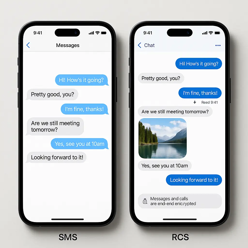 Two phones displaying a conversation with typing indicators, read receipts, and an image preview, illustrating RCS features compared to plain SMS text