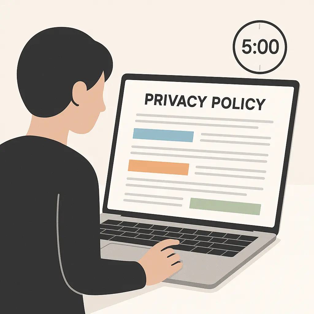Open laptop displaying a privacy policy document with highlighted sections and a timer showing five minutes