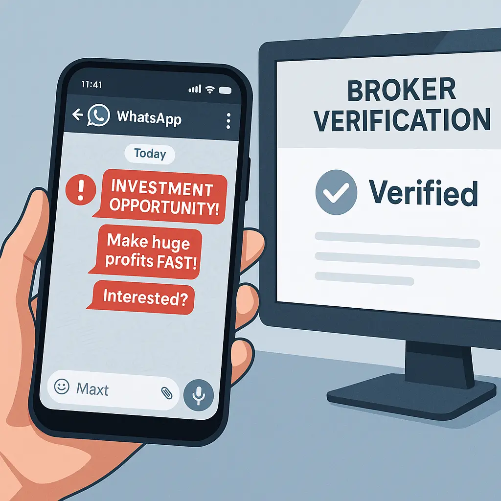 Desktop computer showing official broker registration lookup on FINRA BrokerCheck website