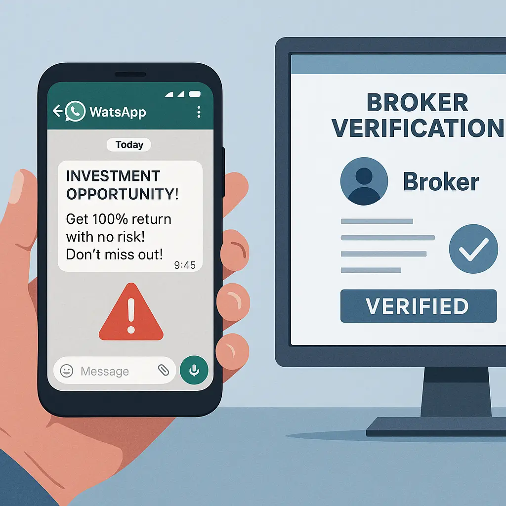 Phone screen showing WhatsApp message from unknown contact claiming to be investment broker with guaranteed returns