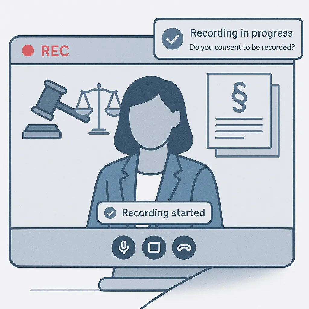 Split screen showing a Zoom meeting window with recording notification alongside a state-by-state consent map