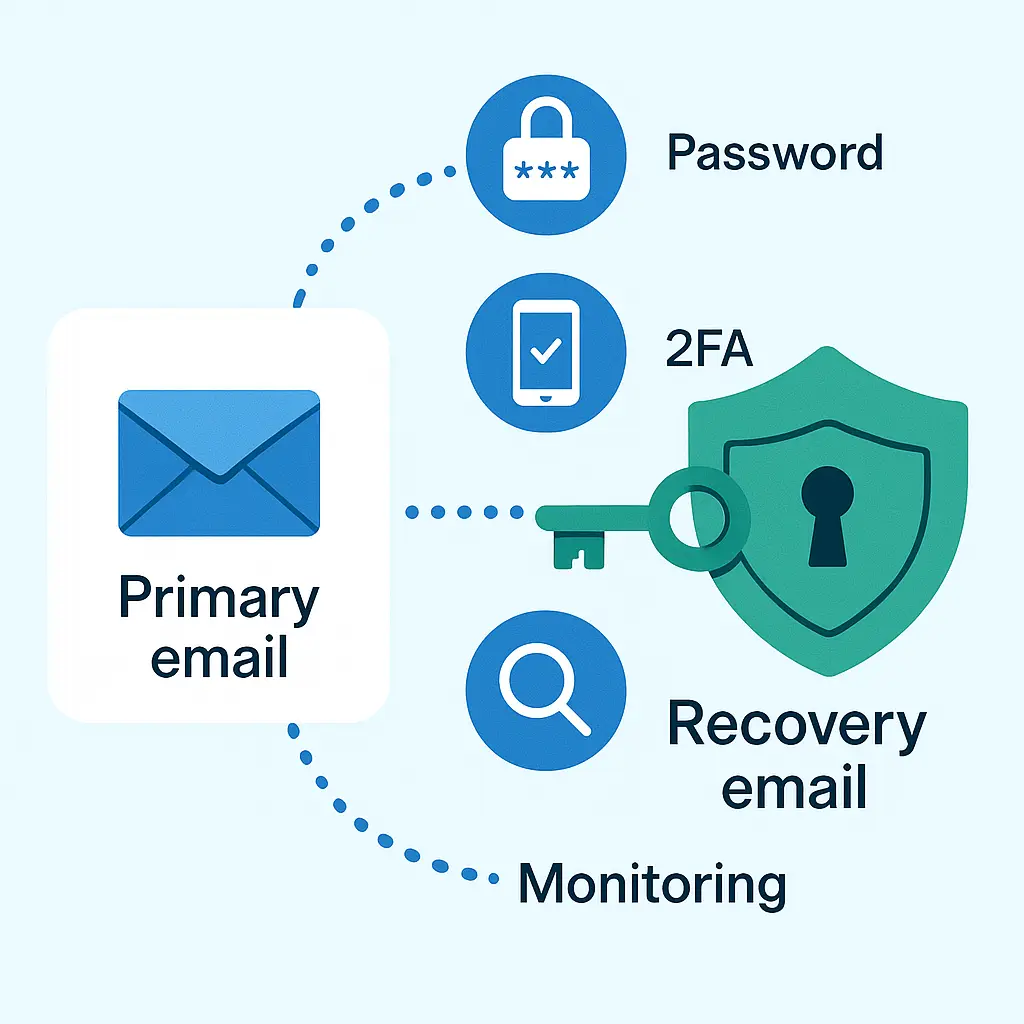 Split screen showing secure recovery email on one side and protected primary account on the other, connected by encrypted authentication flow
