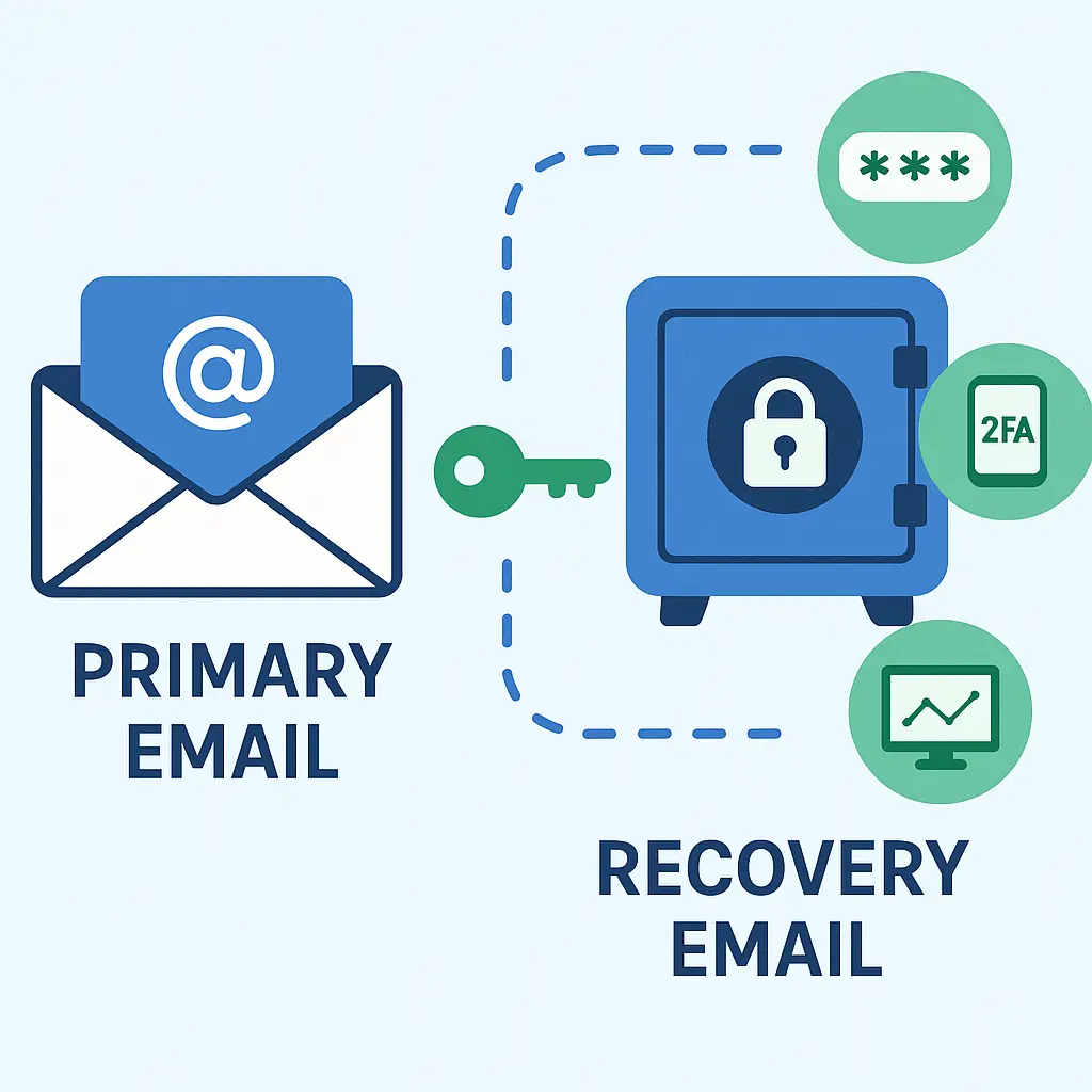 Laptop screen showing email account settings with recovery options highlighted, surrounded by security icons and verification checkmarks
