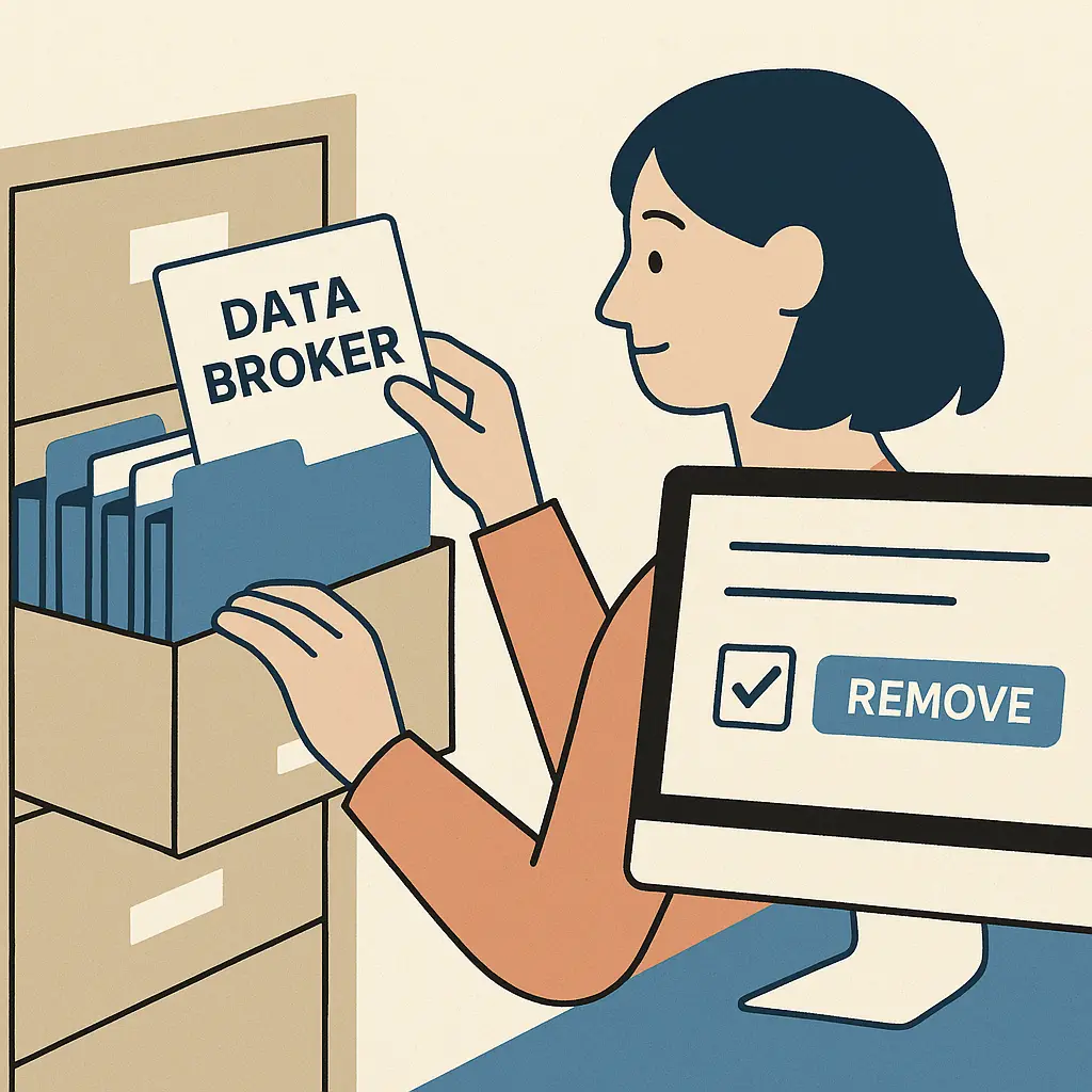 Person reviewing a checklist while working at a laptop, with a stack of completed removal request confirmations beside them