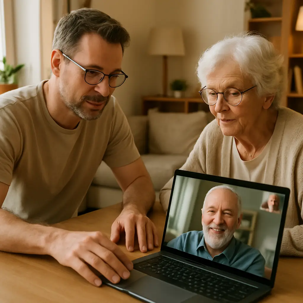 Elderly person smiling at laptop with video call active, sticky note with written instructions visible on desk