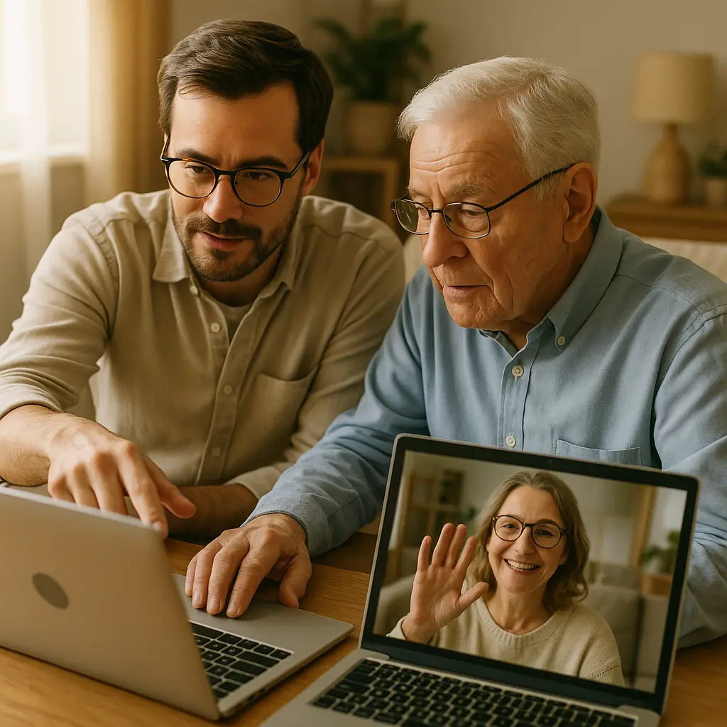 Adult child video calling elderly parent while looking at laptop screen, both people visible and engaged in conversation