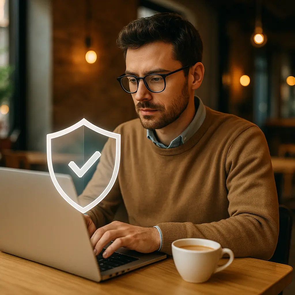 Remote worker at laptop with layered security shields visualization
