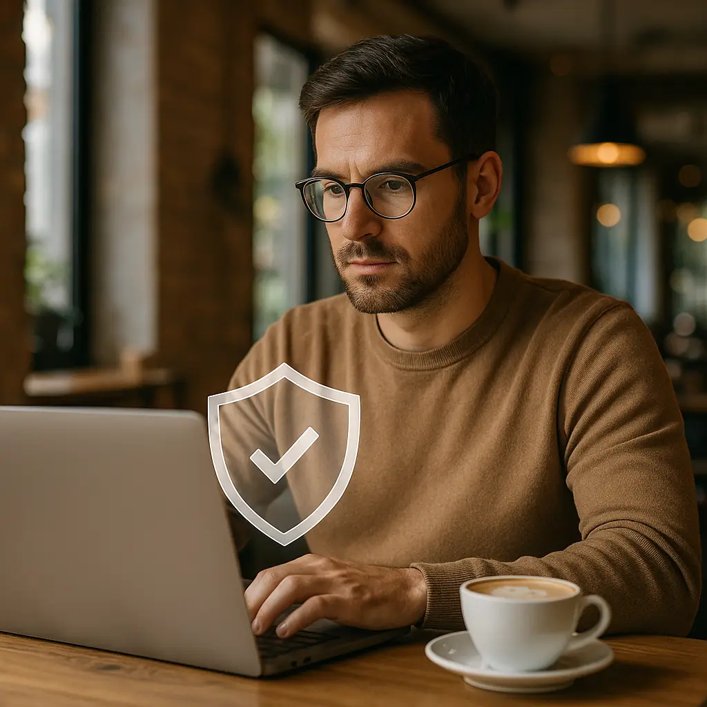 Laptop and coffee cup on cafe table with secure connection icon overlay