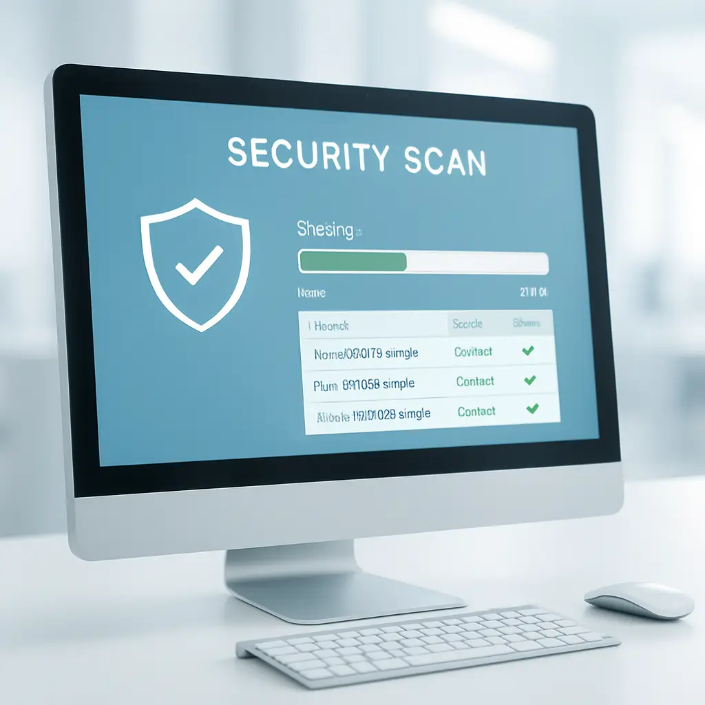 Computer screen showing security scan interface with progress bar and detected threats list