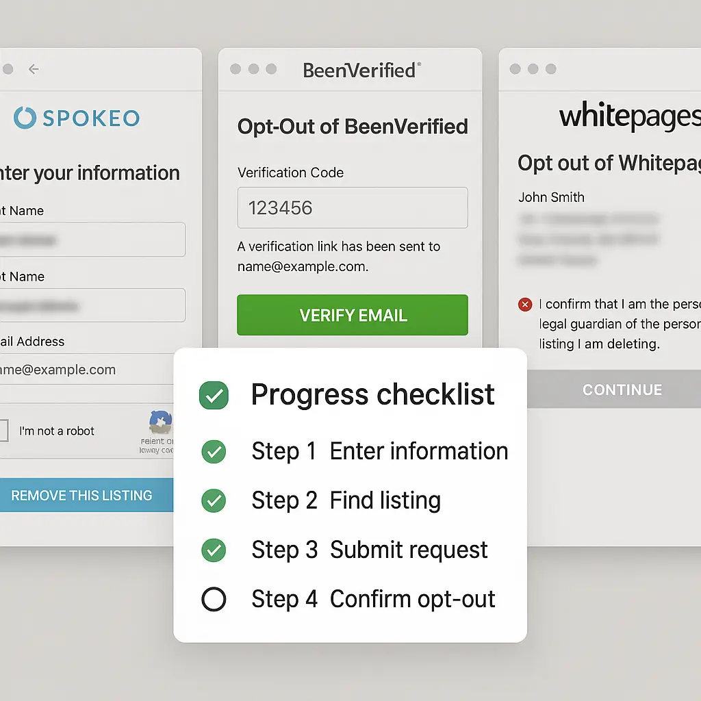 Computer screen showing opt-out forms from data broker websites with a checklist overlay