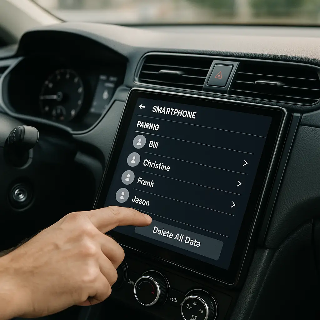 Hand pressing factory reset button on car infotainment screen before returning rental vehicle