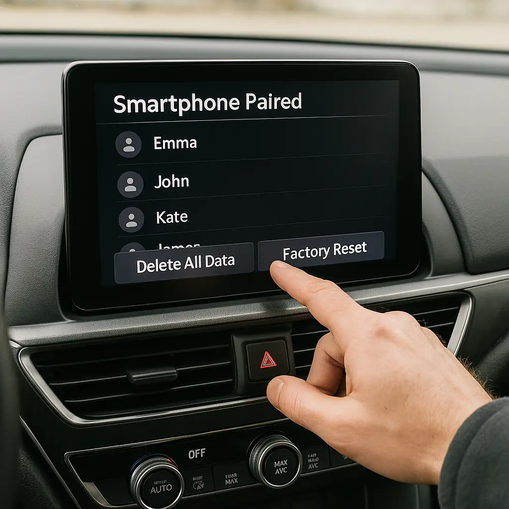 Car dashboard touchscreen displaying smartphone sync interface with contact list and navigation history visible