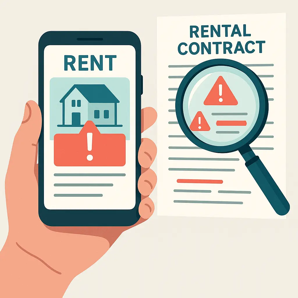 A magnifying glass examining a rental contract with highlighted red flags, representing the inspection process renters should follow