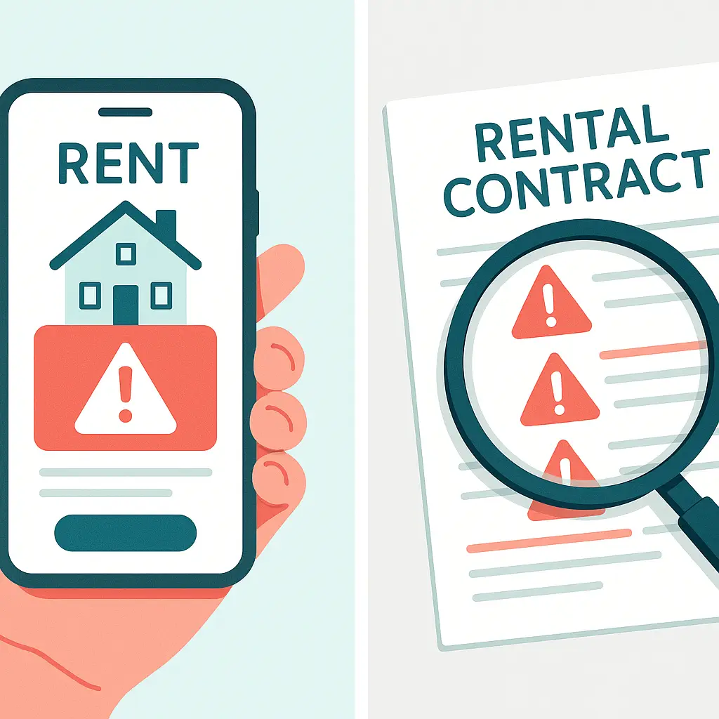 A hand holding a smartphone displaying a rental listing with a red warning overlay, symbolizing the need for verification before committing to a rental
