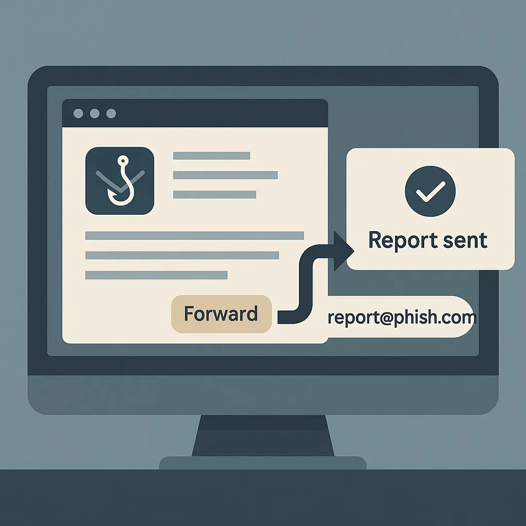 Hand holding smartphone displaying suspicious email with forward arrow pointing to shield icon
