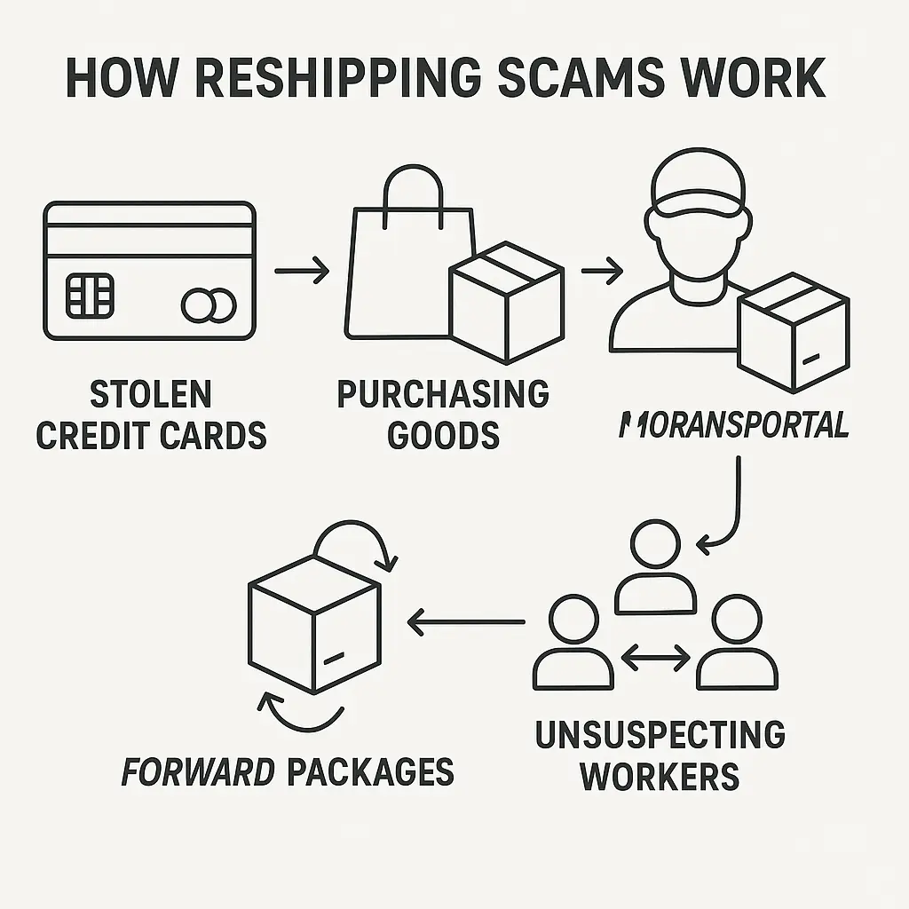 Diagram showing the flow of stolen goods through a reshipping scam network