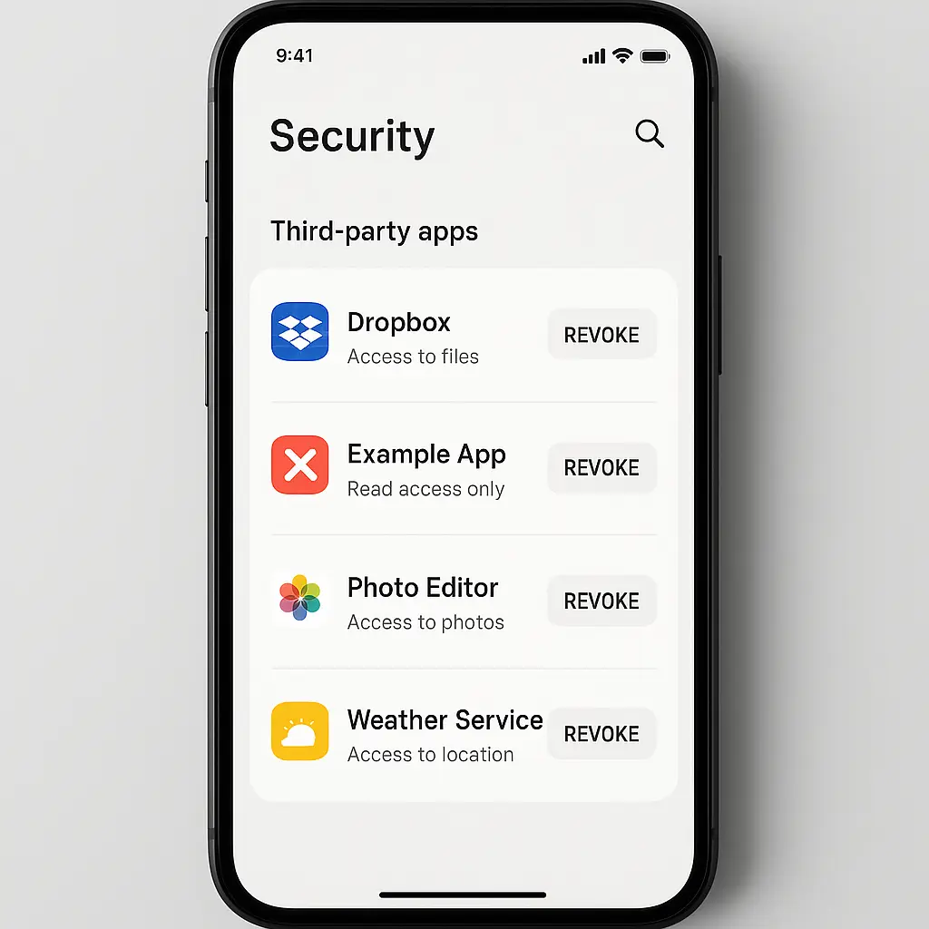 Smartphone screen displaying a list of connected third-party applications with toggle switches for permissions