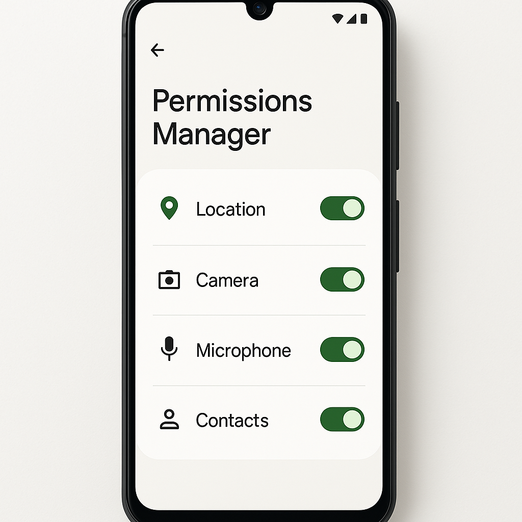 Android settings screen showing reviewed and adjusted app permissions with some access revoked