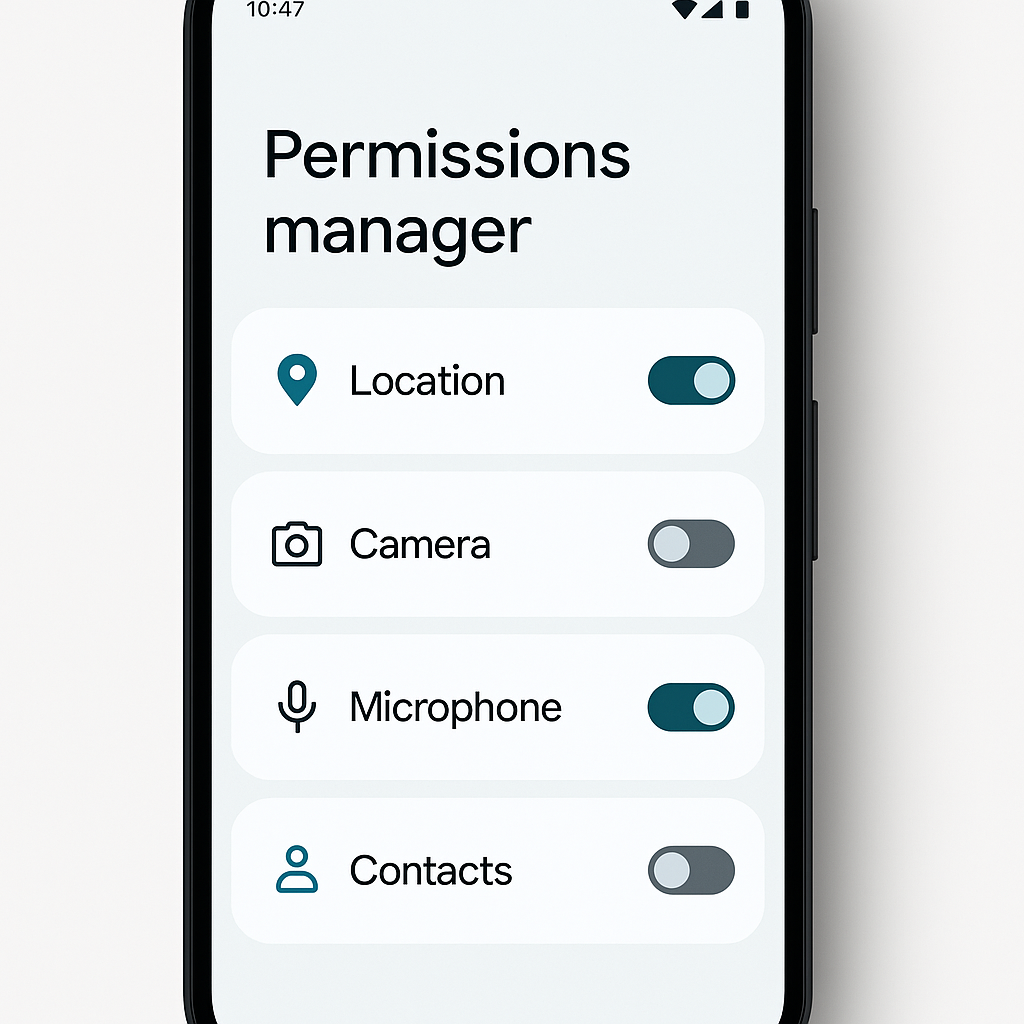 Android phone screen displaying app permission settings with location, camera, and microphone access controls