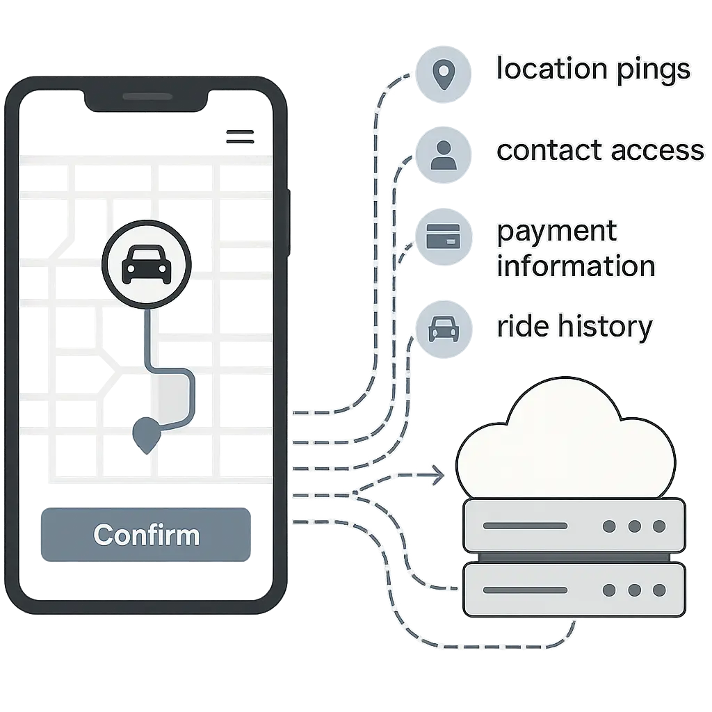 Smartphone displaying rideshare app interface with data collection indicators overlaid on map view