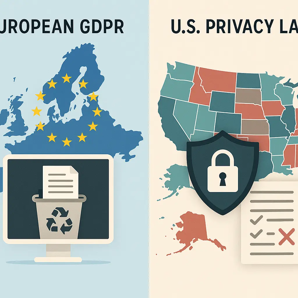 Split illustration showing European GDPR shield and fragmented U.S. state privacy laws