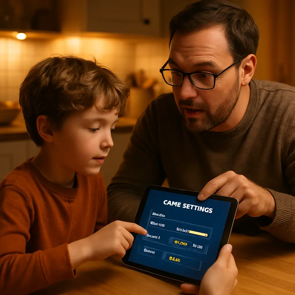 A family having a conversation at a kitchen table with a laptop visible