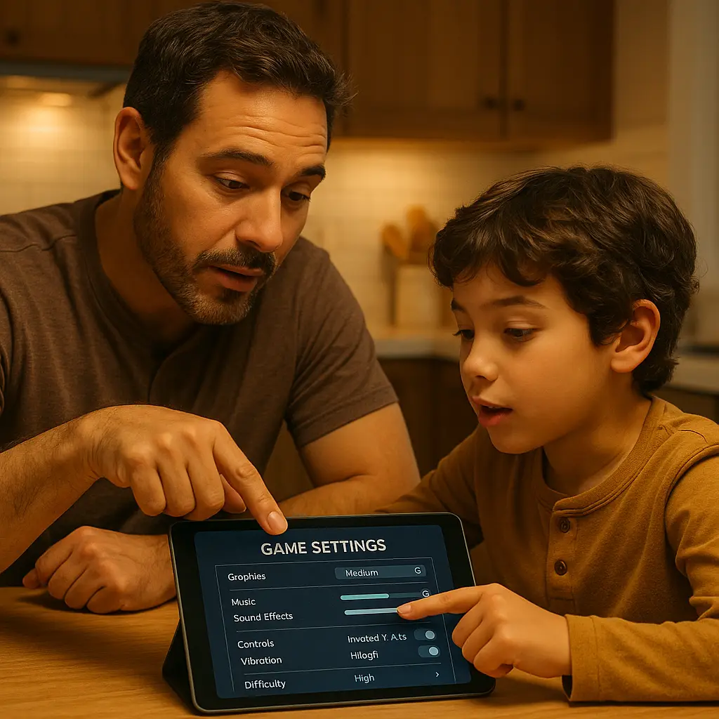 A parent and child sitting together looking at a tablet screen showing blocky game graphics