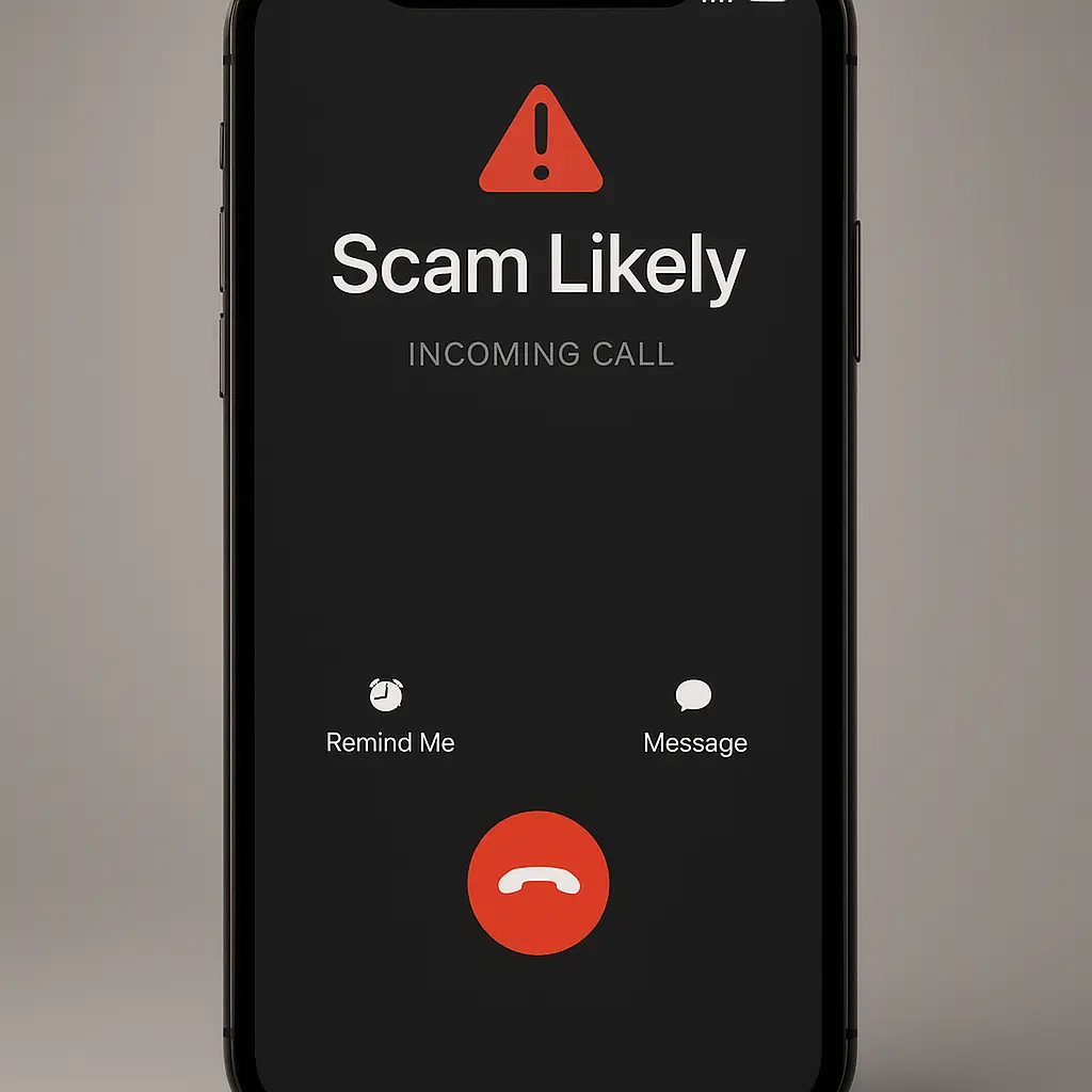 Smartphone screen displaying incoming call with 'Scam Likely' warning label and decline button highlighted