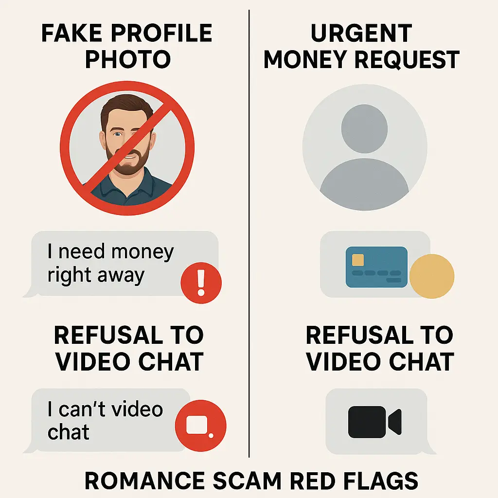Split screen showing a dating app profile photo next to a generic stock photo, highlighting the disconnect between claimed identity and reality