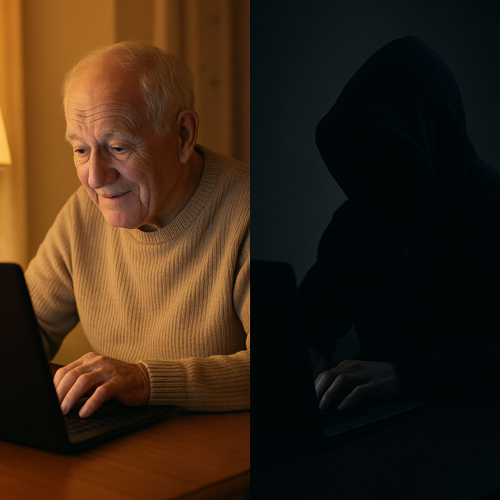 Family members having a conversation with an elderly parent at a kitchen table, representing open communication about online safety