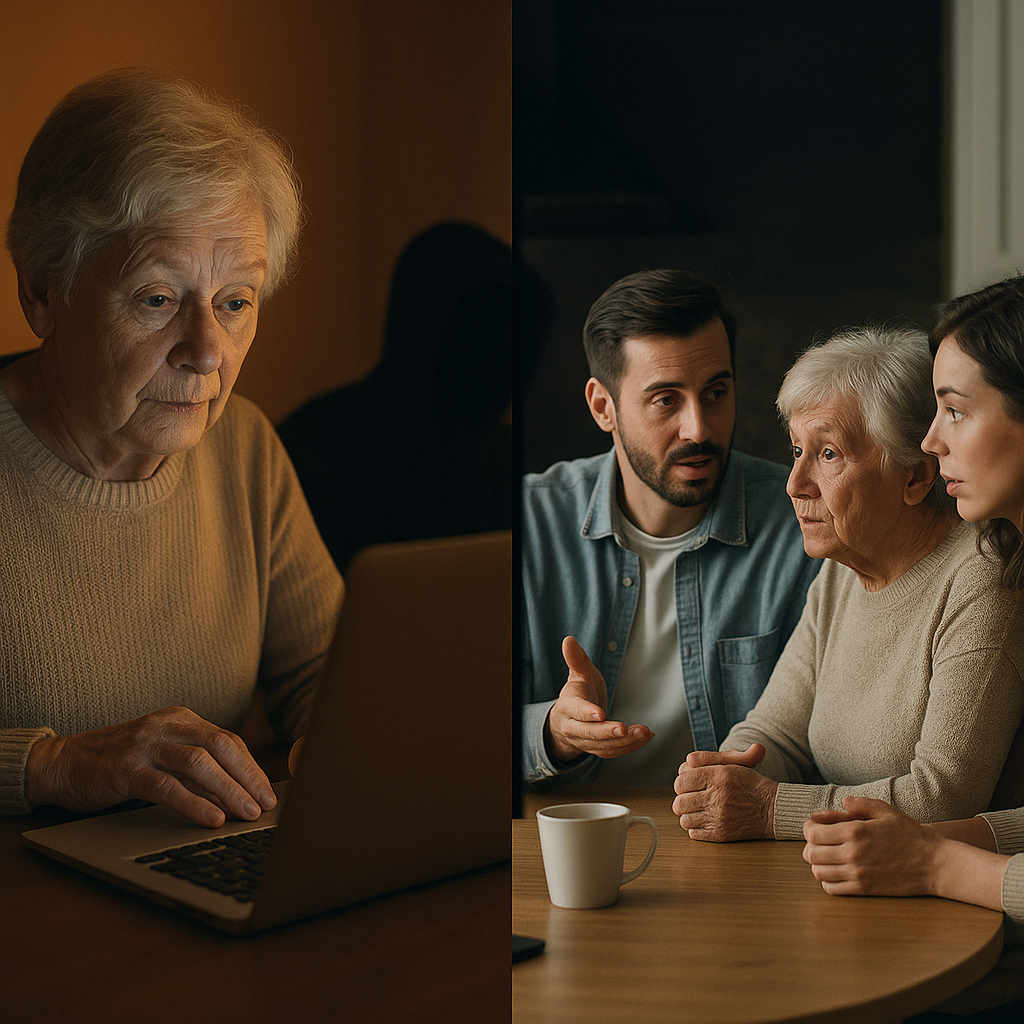 Split-screen showing a genuine elderly person at a computer and a shadowy figure at another screen, representing the invisible nature of romance scam operators