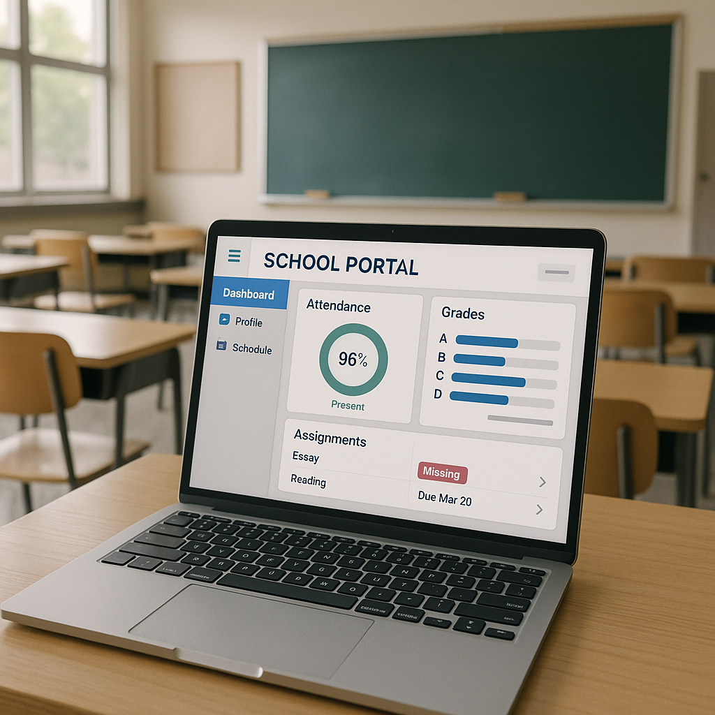 Parent reviewing digital school records on tablet at kitchen table