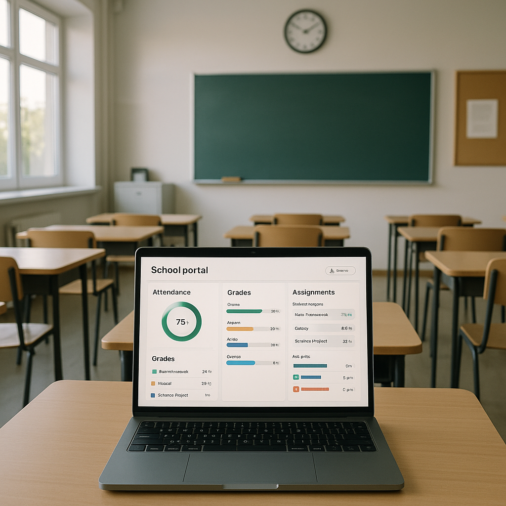 Classroom desk with laptop showing student dashboard and attendance records
