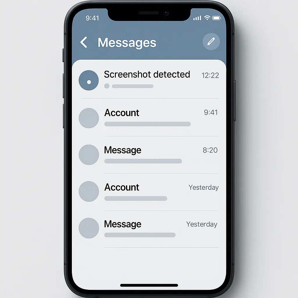 Phone screen showing notification icon with screenshot symbol overlaid on messaging interface