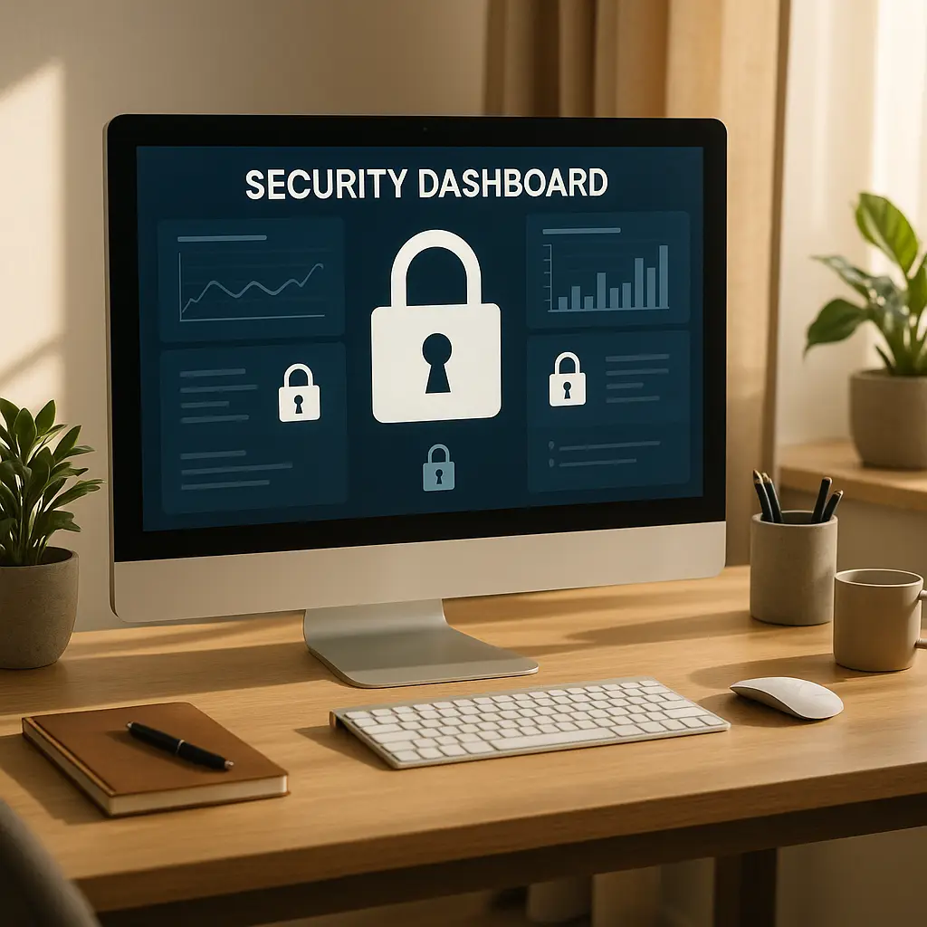 A desktop computer on a clean desk with a lock icon displayed on the screen, representing home computer security