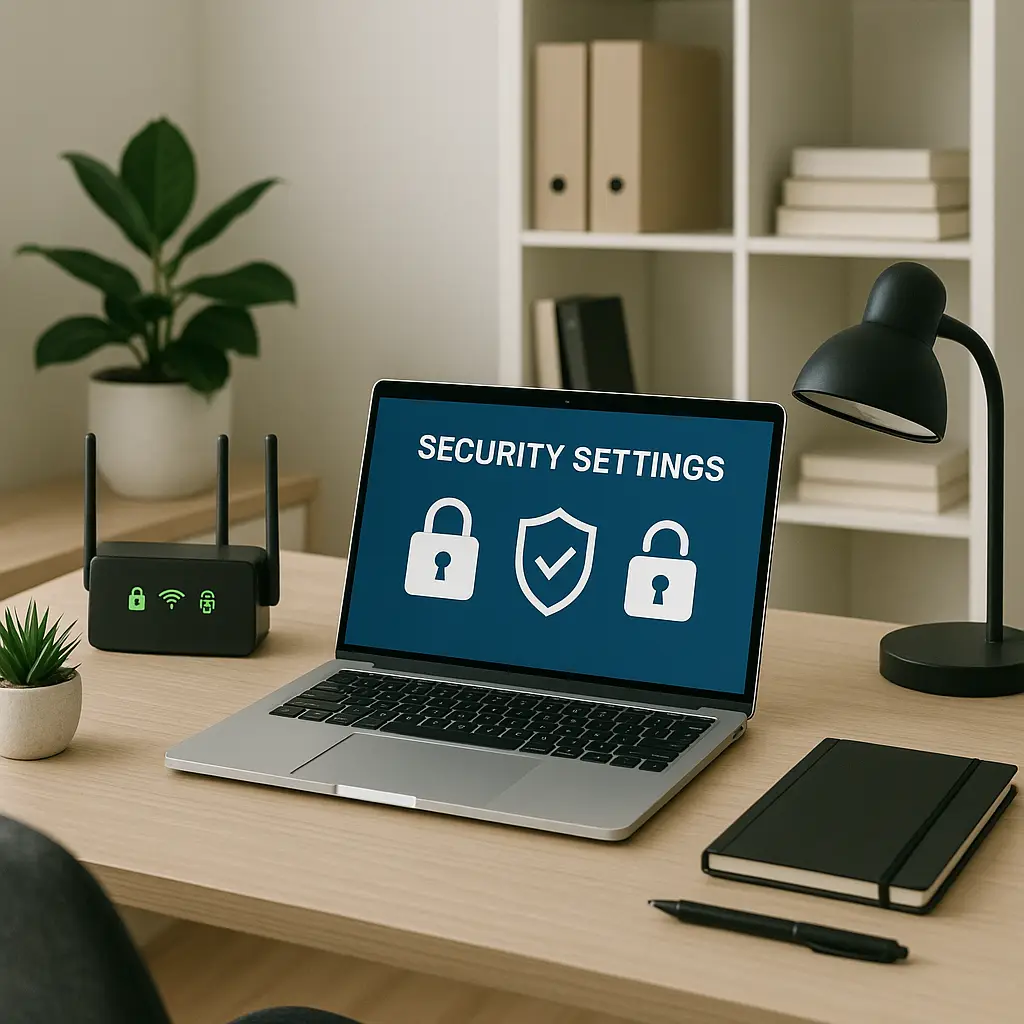 A secure home office workspace with visible security indicators: VPN icon, password manager, and locked screen
